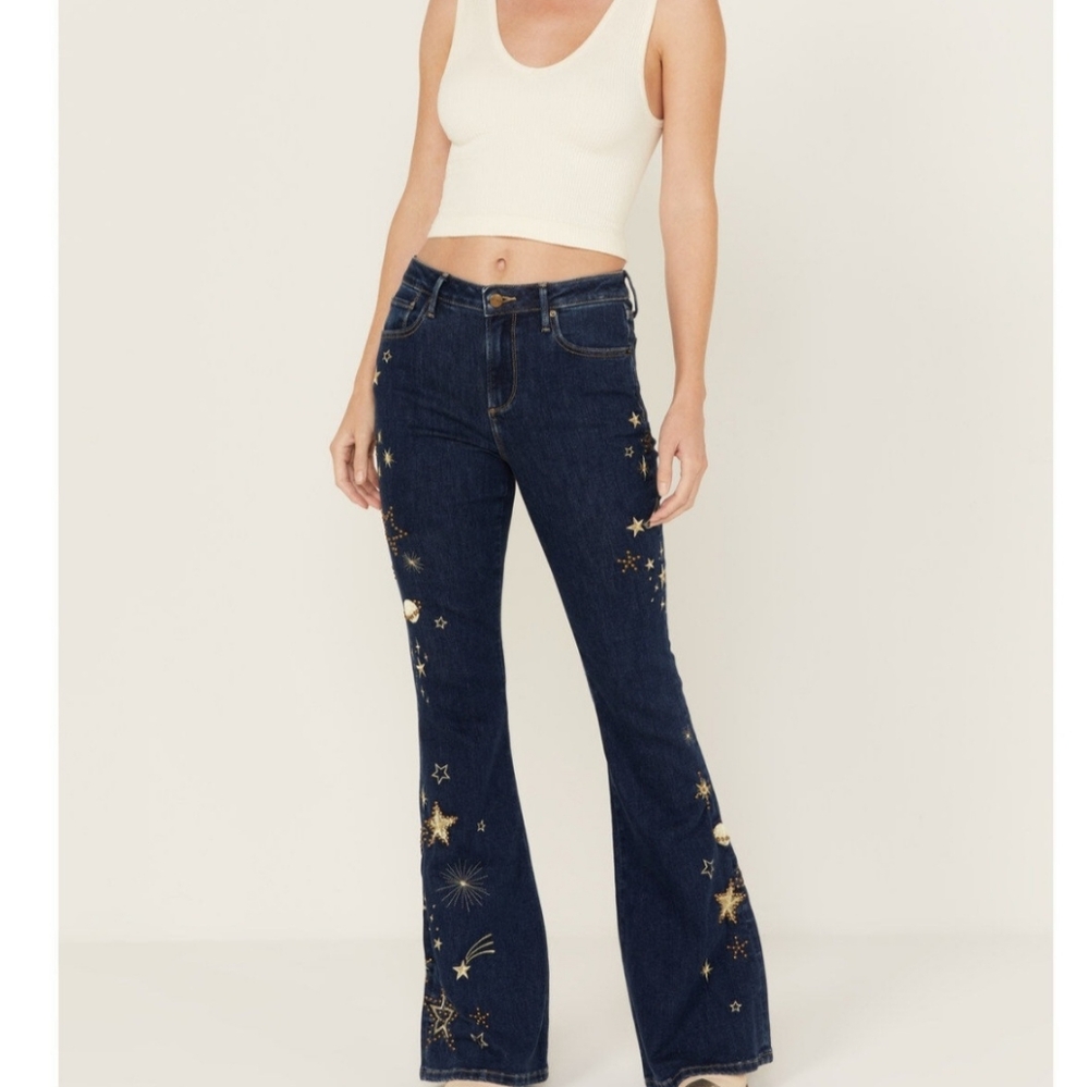 DRIFTWOOD Farrah Dark Blue Flare Jeans Gold Star & Moon Embroidery and Brass
